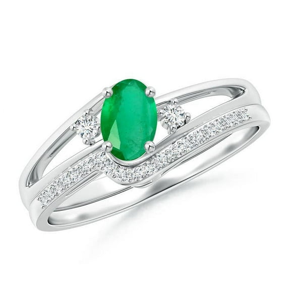 ANGARA Natural Oval Emerald and Diamond Bridal Set in 14K White Gold for Women (Size-6x4mm) | May Birthstone, Birthday, Anniversary, Jewelry Gift for Women | Natural Emerald Ring