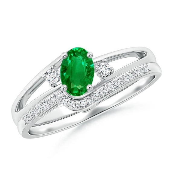 ANGARA Natural Oval Emerald and Diamond Bridal Set in 14K White Gold for Women (Size-6x4mm) | May Birthstone, Birthday, Anniversary, Jewelry Gift for Women | Natural Emerald Ring