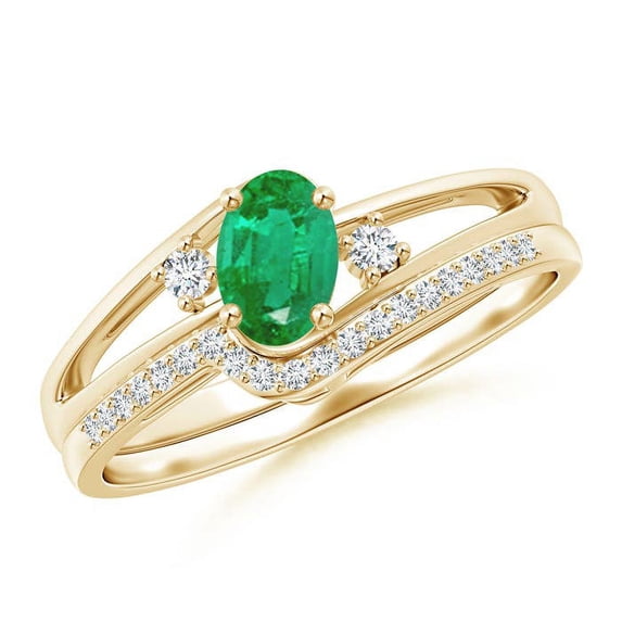 ANGARA Natural Oval Emerald and Diamond Bridal Set in 14K Yellow Gold for Women (Size-6x4mm) | May Birthstone, Birthday, Anniversary, Jewelry Gift for Women | Natural Emerald Ring