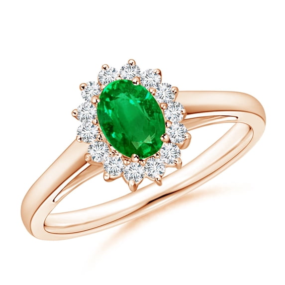ANGARA Natural Princess Diana Inspired Emerald Ring with Diamond Halo in 14K Rose Gold for Women (Size-6x4mm) | May Birthstone, Birthday, Anniversary, Jewelry Gift for Women | Natural Emerald Ring