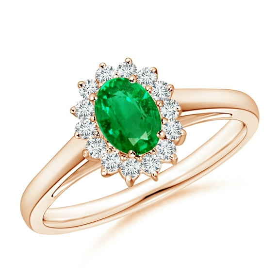 ANGARA Natural Princess Diana Inspired Emerald Ring with Diamond Halo in 14K Rose Gold for Women (Size-6x4mm) | May Birthstone, Birthday, Anniversary, Jewelry Gift for Women | Natural Emerald Ring