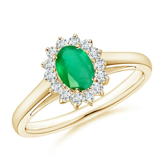 Angara Natural 0.4 Ct. Emerald with Diamond Halo Ring in 14K Yellow Gold for Women (Ring Size: 10.5)