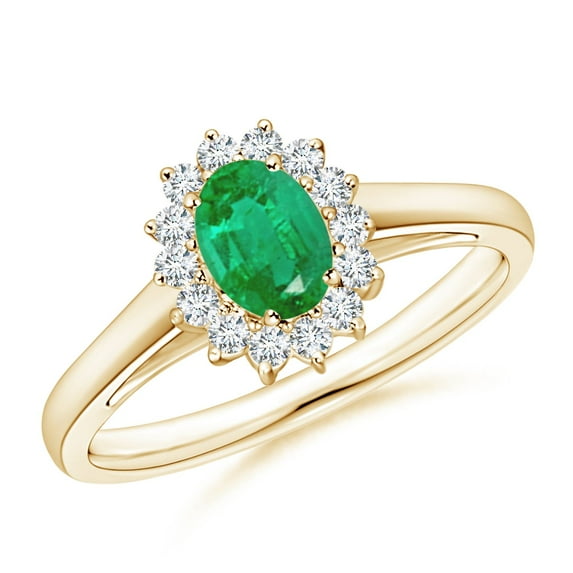 ANGARA Natural Princess Diana Inspired Emerald Ring with Diamond Halo in 14K Yellow Gold for Women (Size-6x4mm) | May Birthstone, Birthday, Anniversary, Jewelry Gift for Women | Natural Emerald Ring