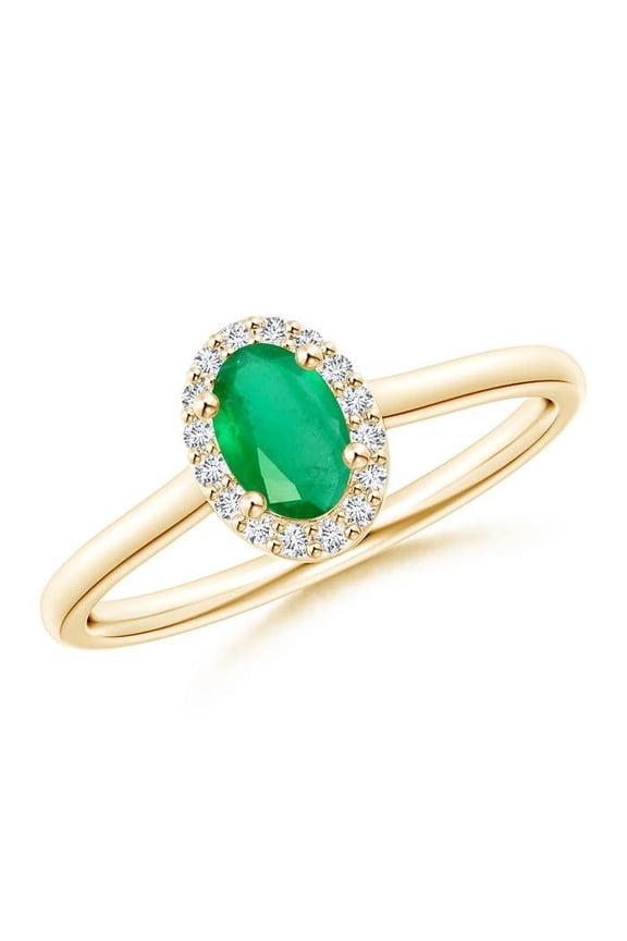 Natural Prong-Set Oval Emerald and Diamond Halo Engagement Ring in 14K Yellow Gold for Women (Size-6x4mm) | May Birthstone, Birthday, Anniversary, Jewelry Gift for Women | Natural Emerald Ring