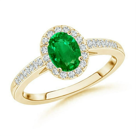 ANGARA Natural Classic Oval Emerald Halo Ring with Diamond Accents in 14K Yellow Gold for Women (Size-6x4mm) | May Birthstone, Birthday, Anniversary, Jewelry Gift for Women | Natural Emerald Ring