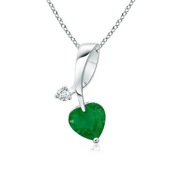 ANGARA Natural Heart-Shaped Emerald Ribbon Pendant with Diamond in 14K White Gold for Women (Size-5mm) | May Birthstone, Birthday, Anniversary, Jewelry Gift for Women | Natural Emerald Necklace