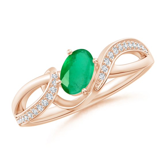 ANGARA Natural Solitaire Emerald Twisted Ribbon Ring with Pave Diamond Accents in 14K Rose Gold for Women (Size-6x4mm) | May Birthstone, Anniversary, Jewelry Gift for Women | Natural Emerald Ring