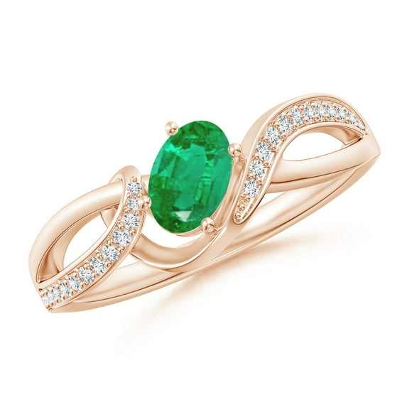 ANGARA Natural Solitaire Emerald Twisted Ribbon Ring with Pave Diamond Accents in 14K Rose Gold for Women (Size-6x4mm) | May Birthstone, Anniversary, Jewelry Gift for Women | Natural Emerald Ring