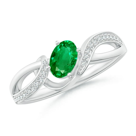 ANGARA Natural Oval Emerald Twisted Ribbon Ring with Diamond in Sterling Silver for Women (Size-6x4mm) | May Birthstone, Birthday, Anniversary, Jewelry Gift for Women | Natural Emerald Ring