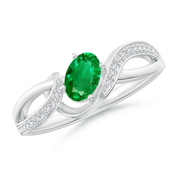 ANGARA Natural Oval Emerald Twisted Ribbon Ring with Diamond in Sterling Silver for Women (Size-6x4mm) | May Birthstone, Birthday, Anniversary, Jewelry Gift for Women | Natural Emerald Ring