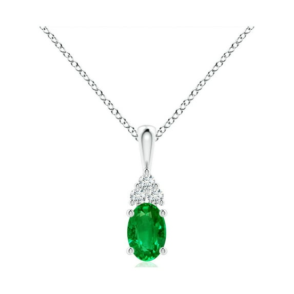 ANGARA Natural Oval Emerald Solitaire Pendant with Trio Diamond in 14K White Gold for Women (Size-6x4mm) | May Birthstone, Birthday, Anniversary, Jewelry Gift for Women | Natural Emerald Necklace