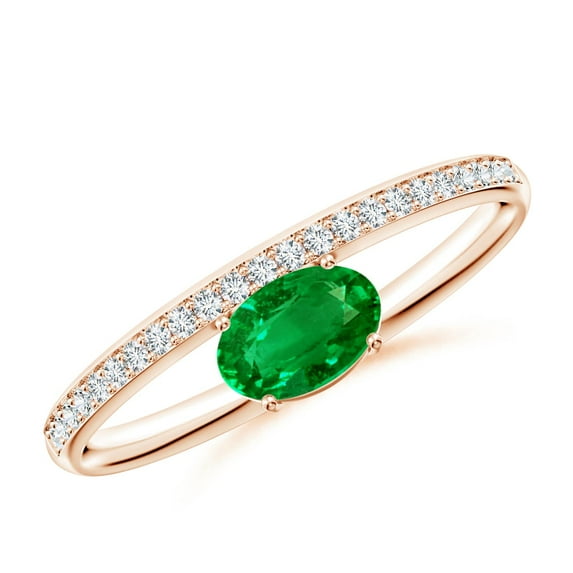 ANGARA Natural Oval Emerald Off-Centered Solitaire Ring With Diamonds in 14K Rose Gold for Women (Size-6x4mm) | May Birthstone, Birthday, Anniversary, Jewelry Gift for Women | Natural Emerald Ring