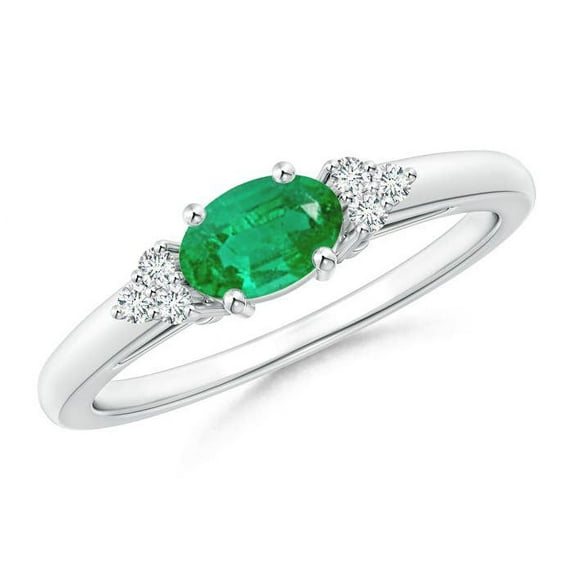 ANGARA Natural East-West Emerald Solitaire Ring with Diamonds in 14K White Gold for Women (Size-6x4mm) | May Birthstone, Birthday, Anniversary, Jewelry Gift for Women | Natural Emerald Ring
