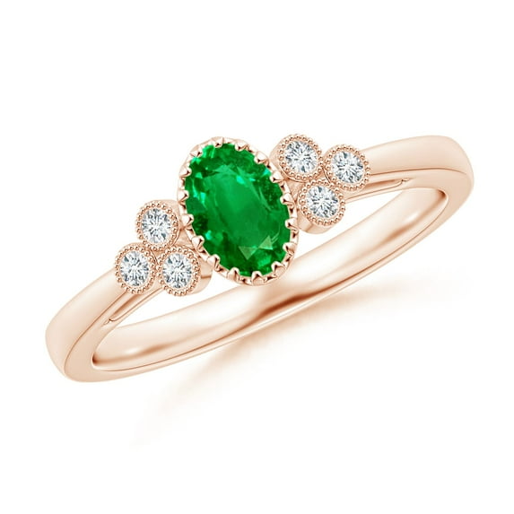 ANGARA Natural Aeon Emerald Solitaire Milgrain Engagement Ring with Trio Accents in 14K Rose Gold for Women (Size-6x4mm) | May Birthstone, Anniversary, Jewelry Gift for Women | Natural Emerald Ring