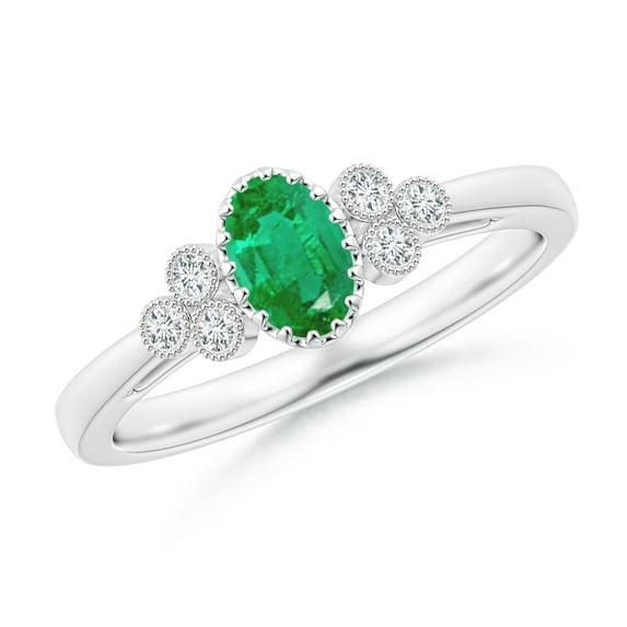 ANGARA Natural Aeon Emerald Solitaire Milgrain Engagement Ring with Trio Accents in 14K White Gold for Women (Size-6x4mm) | May Birthstone, Anniversary, Jewelry Gift for Women | Natural Emerald Ring