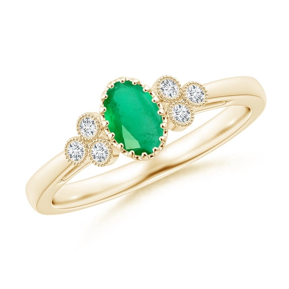 ANGARA Natural Aeon Emerald Solitaire Milgrain Engagement Ring with Trio Accents in 14K Yellow Gold for Women (Size-6x4mm) | May Birthstone, Anniversary, Jewelry Gift for Women | Natural Emerald Ring