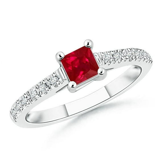 ANGARA Natural Solitaire Square Ruby Ring with Diamond Accents in 14K White Gold for Women (Size-4mm) | July Birthstone, Birthday, Anniversary, Jewelry Gift for Women | Natural Ruby Ring