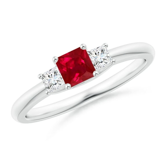 ANGARA Natural Square Ruby and Princess Diamond Three Stone Ring in 14K White Gold for Women (Size-4mm) | July Birthstone, Birthday, Anniversary, Jewelry Gift for Women | Natural Ruby Ring
