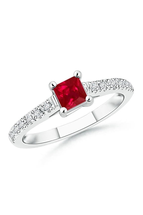 Natural Solitaire Square Ruby Ring with Diamond Accents in 14K White Gold for Women (Size-4mm) | July Birthstone, Birthday, Anniversary, Jewelry Gift for Women | Natural Ruby Ring