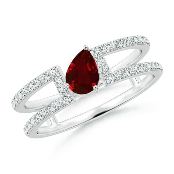 ANGARA Natural Tilted Pear Ruby Parallel Split Shank Ring in 14K White Gold for Women (Size-6x4mm) | July Birthstone, Birthday, Anniversary, Jewelry Gift for Women | Natural Ruby Ring