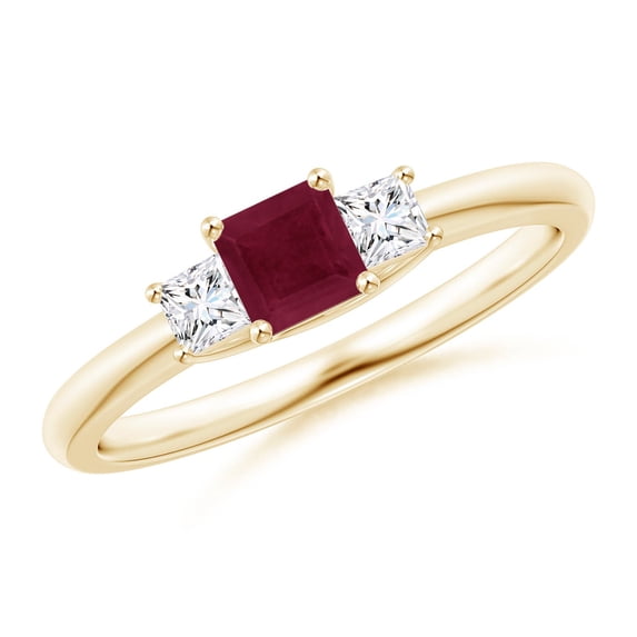ANGARA Natural Square Ruby and Princess Diamond Three Stone Ring in 14K Yellow Gold for Women (Size-4mm) | July Birthstone, Birthday, Anniversary, Jewelry Gift for Women | Natural Ruby Ring