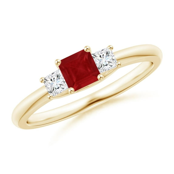 ANGARA Natural Square Ruby and Princess Diamond Three Stone Ring in 14K Yellow Gold for Women (Size-4mm) | July Birthstone, Birthday, Anniversary, Jewelry Gift for Women | Natural Ruby Ring