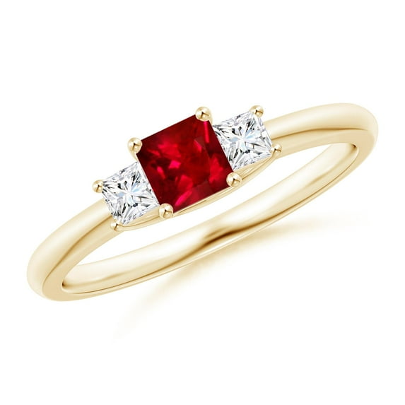 ANGARA Natural Square Ruby and Princess Diamond Three Stone Ring in 14K Yellow Gold for Women (Size-4mm) | July Birthstone, Birthday, Anniversary, Jewelry Gift for Women | Natural Ruby Ring