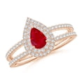thumbnail image 1 of ANGARA Natural Split Shank Pear Ruby and Diamond Double Halo Ring in 14K Rose Gold for Women (Size-6x4mm) | July Birthstone, Birthday, Anniversary, Jewelry Gift for Women | Natural Ruby Ring, 1 of 9