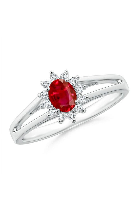 Natural Princess Diana Inspired Ruby Halo Split Shank Ring in 14K White Gold for Women (Size-5x4mm) | July Birthstone, Birthday, Anniversary, Jewelry Gift for Women | Natural Ruby Ring