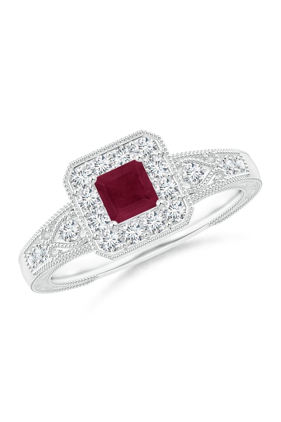 Natural Aeon Square Ruby & Diamond Engagement Ring with Milgrain in 14K White Gold for Women (Size-4mm) | July Birthstone, Anniversary, Jewelry Gift for Women | Natural Ruby Ring