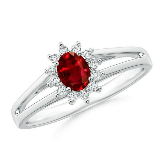 ANGARA Natural Princess Diana Inspired Ruby Halo Split Shank Ring in 14K White Gold for Women (Size-5x4mm) | July Birthstone, Birthday, Anniversary, Jewelry Gift for Women | Natural Ruby Ring
