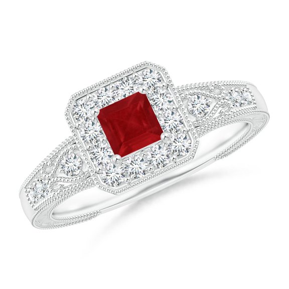 ANGARA Natural Aeon Square Ruby & Diamond Engagement Ring with Milgrain in 14K White Gold for Women (Size-4mm) | July Birthstone, Anniversary, Jewelry Gift for Women | Natural Ruby Ring