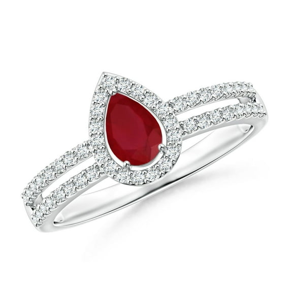 ANGARA Natural Pear Ruby and Diamond Halo Split Shank Ring in 14K White Gold for Women (Size-6x4mm) | July Birthstone, Birthday, Anniversary, Jewelry Gift for Women | Natural Ruby Ring
