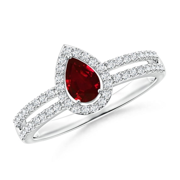 ANGARA Natural Pear Ruby and Diamond Halo Split Shank Ring in 14K White Gold for Women (Size-6x4mm) | July Birthstone, Birthday, Anniversary, Jewelry Gift for Women | Natural Ruby Ring
