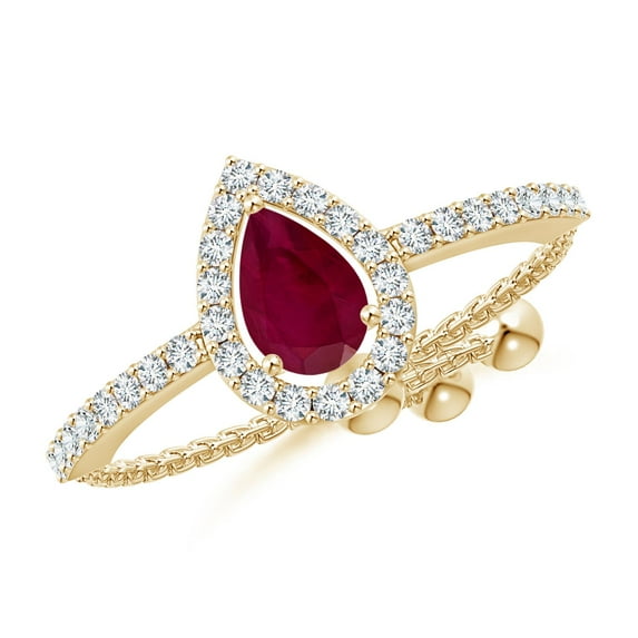ANGARA Natural Floating Pear-Shaped Ruby Bolo Ring with Halo in 14K Yellow Gold for Women (Size-6x4mm) | July Birthstone, Birthday, Anniversary, Jewelry Gift for Women | Natural Ruby Ring
