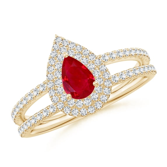 ANGARA Natural Split Shank Pear Ruby and Diamond Double Halo Ring in 14K Yellow Gold for Women (Size-6x4mm) | July Birthstone, Birthday, Anniversary, Jewelry Gift for Women | Natural Ruby Ring