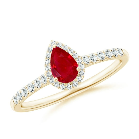 ANGARA Natural Pear-Shaped Ruby Halo Engagement Ring in 14K Yellow Gold for Women (Size-6x4mm) | July Birthstone, Birthday, Anniversary, Jewelry Gift for Women | Natural Ruby Ring