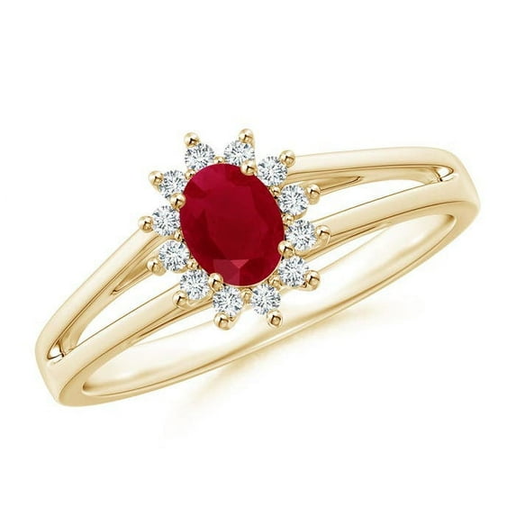 ANGARA Natural Princess Diana Inspired Ruby Halo Split Shank Ring in 14K Yellow Gold for Women (Size-5x4mm) | July Birthstone, Birthday, Anniversary, Jewelry Gift for Women | Natural Ruby Ring