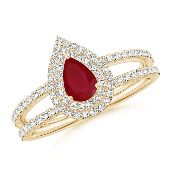 ANGARA Natural Split Shank Pear Ruby and Diamond Double Halo Ring in 14K Yellow Gold for Women (Size-6x4mm) | July Birthstone, Birthday, Anniversary, Jewelry Gift for Women | Natural Ruby Ring