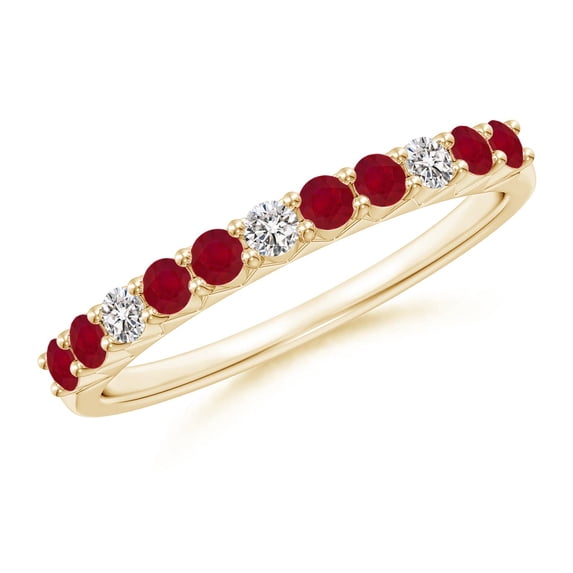 ANGARA Natural Round Ruby and Diamond Half Eternity Wedding Ring in 14K Yellow Gold for Women (Size-2mm) | July Birthstone, Birthday, Anniversary, Jewelry Gift for Women | Natural Ruby Ring
