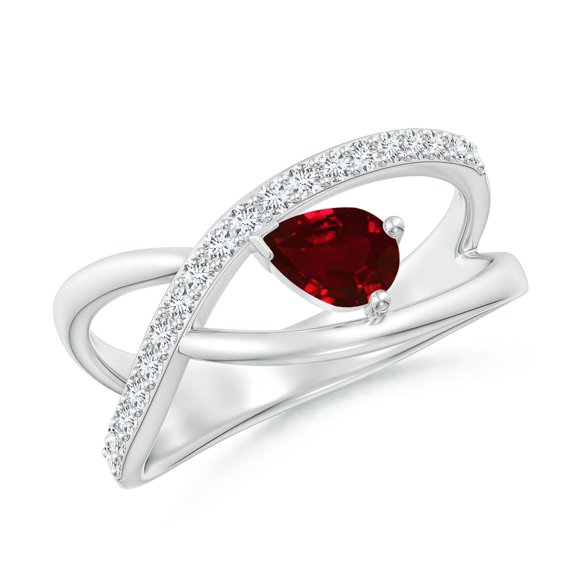ANGARA Natural Criss Cross Pear Shaped Ruby Ring with Diamond Accents in 14K White Gold for Women (Size-6x4mm) | July Birthstone, Birthday, Anniversary, Jewelry Gift for Women | Natural Ruby Ring