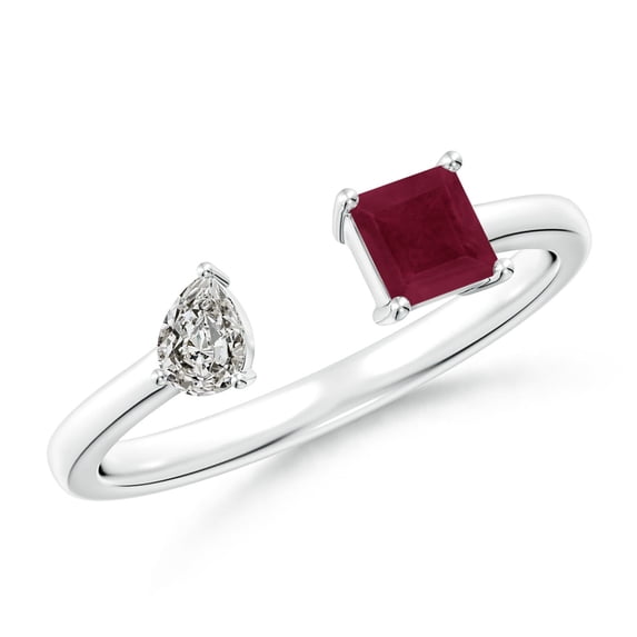 ANGARA Natural Two-Stone Square Ruby & Pear Diamond Open Ring in 14K White Gold for Women (Size-4mm) | July Birthstone, Birthday, Anniversary, Jewelry Gift for Women | Natural Ruby Ring