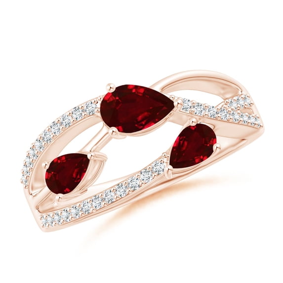 ANGARA Natural Three-Stone Pear Ruby Criss-Cross Ring in 14K Rose Gold for Women (Size-6x4mm) | July Birthstone, Birthday, Anniversary, Jewelry Gift for Women | Natural Ruby Ring
