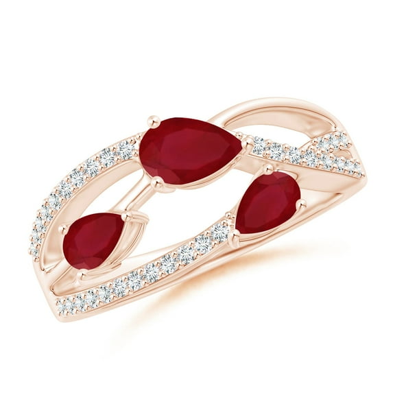 ANGARA Natural Three-Stone Pear Ruby Criss-Cross Ring in 14K Rose Gold for Women (Size-6x4mm) | July Birthstone, Birthday, Anniversary, Jewelry Gift for Women | Natural Ruby Ring