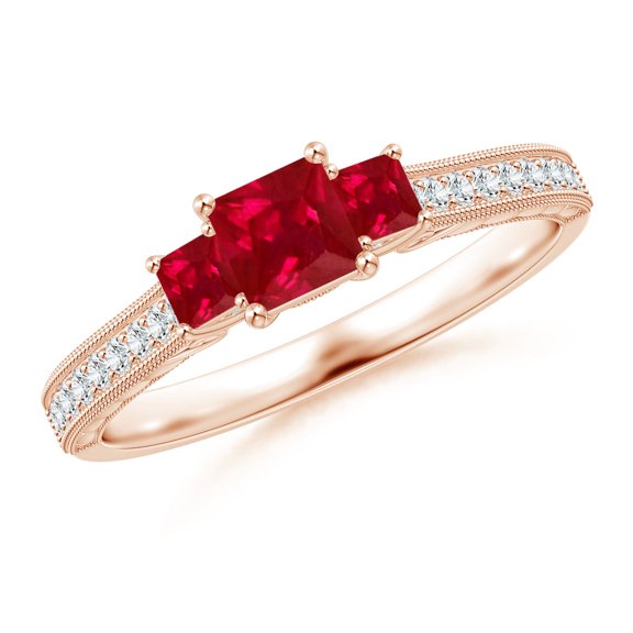 ANGARA Natural Aeon Square Ruby Three Stone Engagement Ring with Milgrain in 14K Rose Gold for Women (Size-4mm) | July Birthstone, Anniversary, Jewelry Gift for Women | Natural Ruby Ring