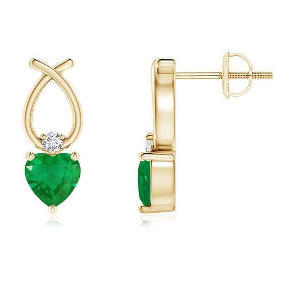 ANGARA Natural Heart Shaped Emerald Ribbon Earrings with Diamond in 14K Yellow Gold for Women (Size-4mm) | May Birthstone, Birthday, Anniversary, Jewelry Gift for Women | Natural Emerald Earrings