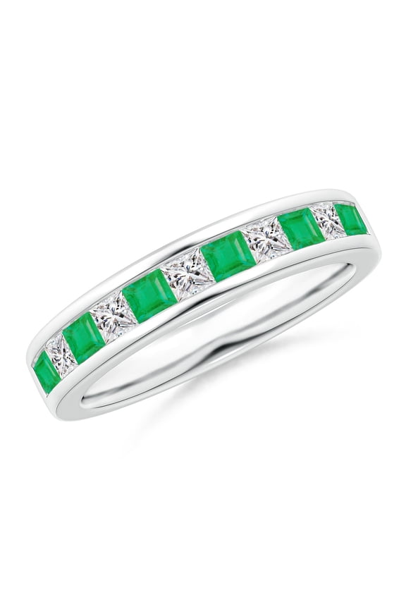 Natural Channel Square Emerald and Diamond Half Eternity Ring in 14K White Gold for Women (Size-2.4mm) | May Birthstone, Birthday, Anniversary, Jewelry Gift for Women | Natural Emerald Ring