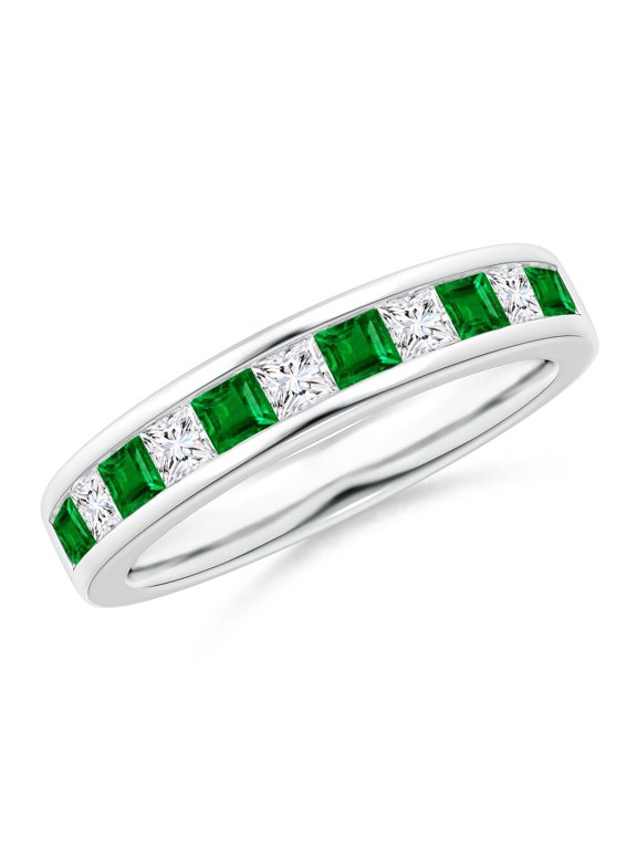 Natural Channel Square Emerald and Diamond Half Eternity Ring in 14K White Gold for Women (Size-2.4mm) | May Birthstone, Birthday, Anniversary, Jewelry Gift for Women | Natural Emerald Ring