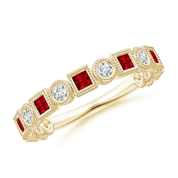 ANGARA Natural Bezel-Set Square Ruby and Round Diamond Ring in 14K Yellow Gold for Women (Size-2mm) | July Birthstone, Birthday, Anniversary, Jewelry Gift for Women | Natural Ruby Ring