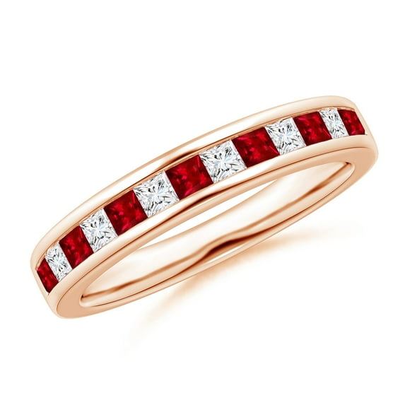 ANGARA Natural Channel Square Ruby and Diamond Half Eternity Ring in 14K Rose Gold for Women (Size-2mm) | July Birthstone, Birthday, Anniversary, Jewelry Gift for Women | Natural Ruby Ring